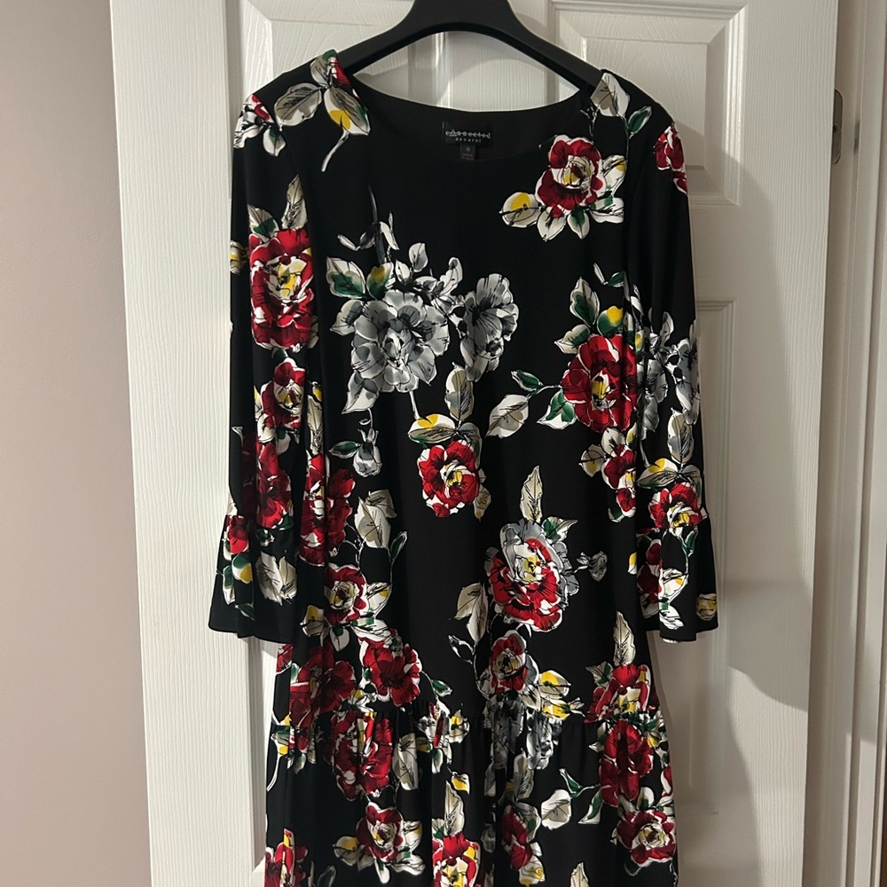 connected apparel Black Floral Long-Sleeve Dress with Red & Yellow Accents